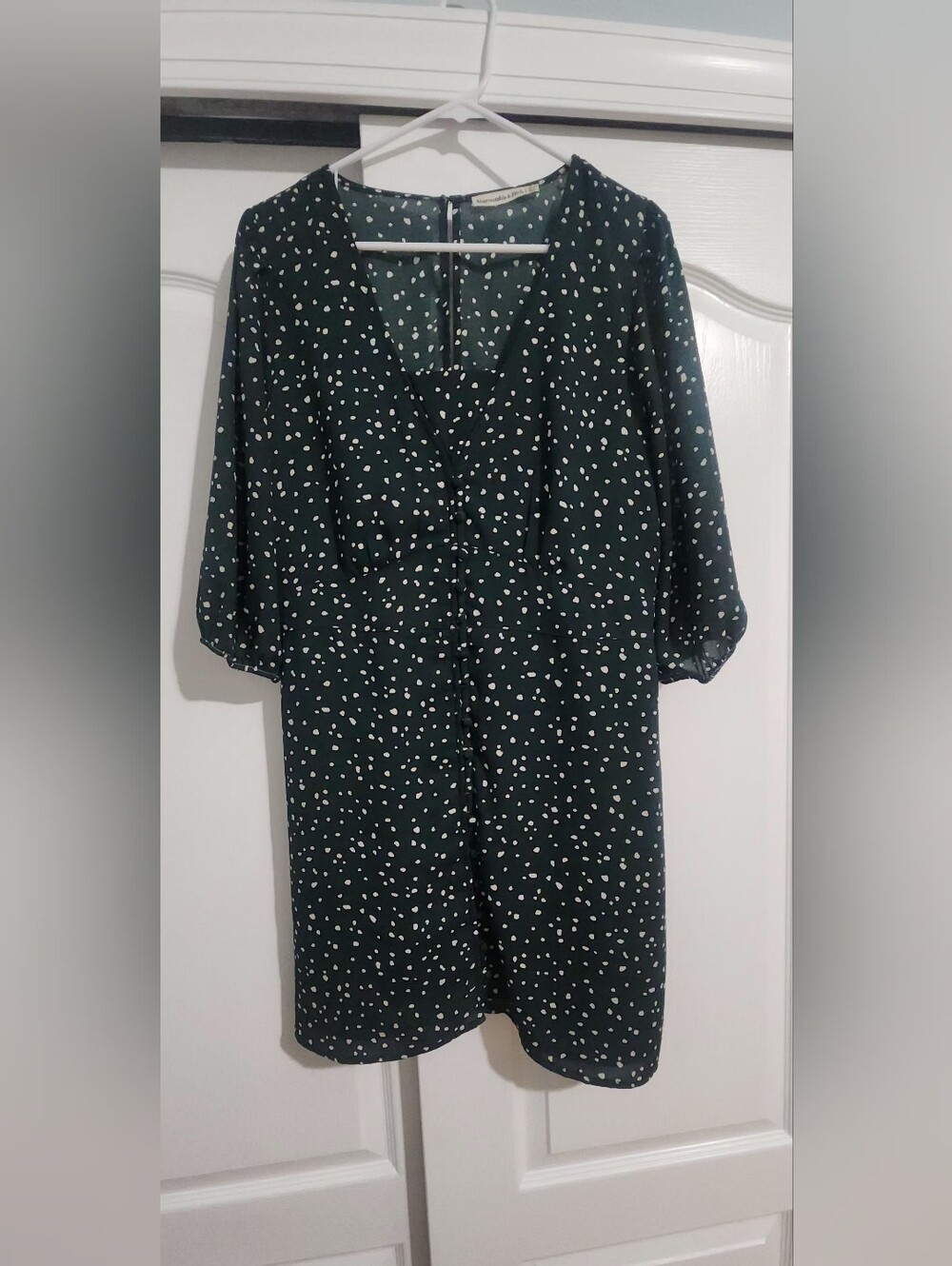 Women's Dark Green Polka Dot V-Neck Dress